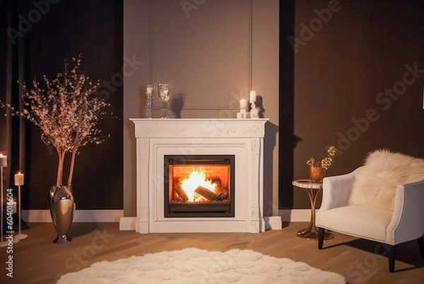 Obraz Modern interior design of the living room with fireplace. Super photo realistic background, generative ai illustration	