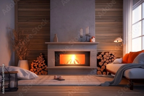 Obraz Modern interior design of the living room with fireplace. Super photo realistic background, generative ai illustration	