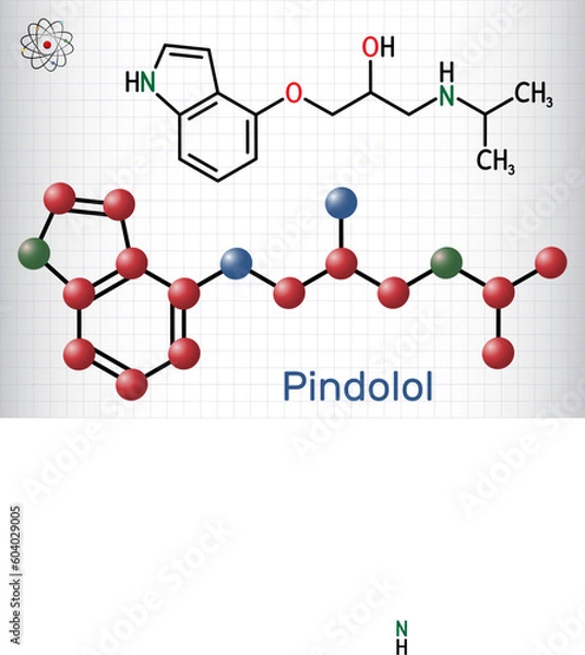 Fototapeta Pindolol molecule. It is nonselective beta adrenergic receptor blocker, used to treat hypertension, edema. Structural chemical formula, molecule model. Sheet of paper in a cage.