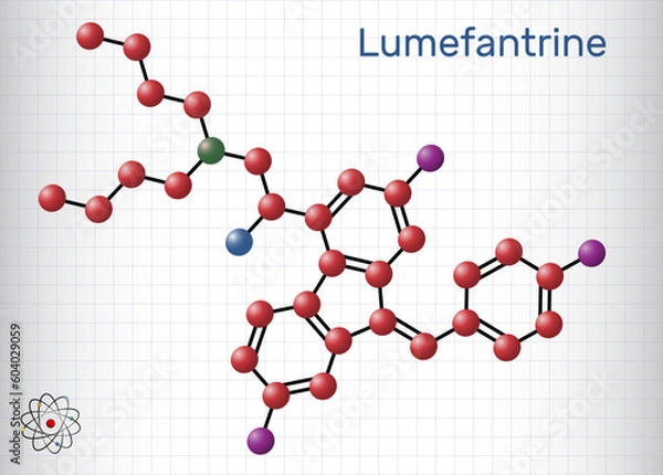 Fototapeta Lumefantrine, benflumetol molecule. It is used for the treatment of malaria. Structural chemical formula, molecule model. Sheet of paper in a cage