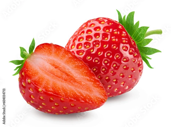 Fototapeta Strawberries isolated. Ripe sweet strawberries and half a berry on a white background.