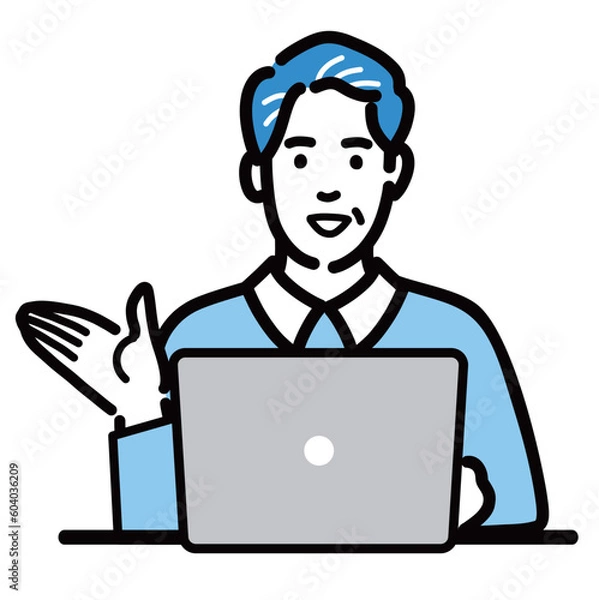 Fototapeta ラップトップの前に座って笑顔で説明をしている中年男性
