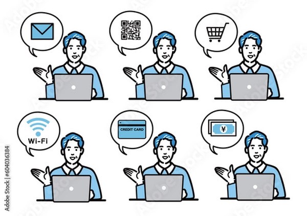 Fototapeta ラップトップの前に座って説明をしている中年男性のセット
