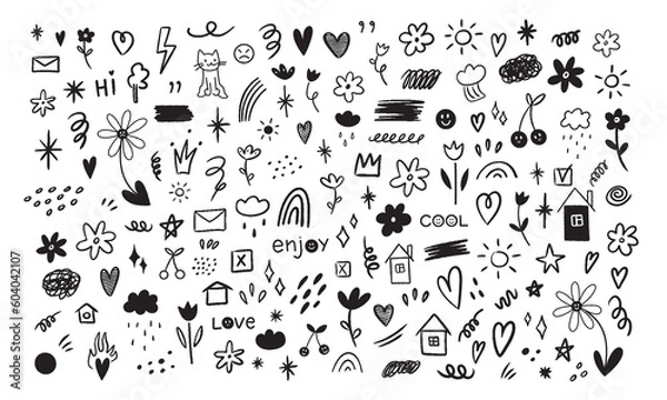 Fototapeta Hand drawn set of simple decorative elements. Various icons such as hearts, stars, speech bubbles, arrows, lines isolated on white background.