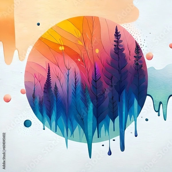 Fototapeta Watercolor splash art o a forest built with Generative AI