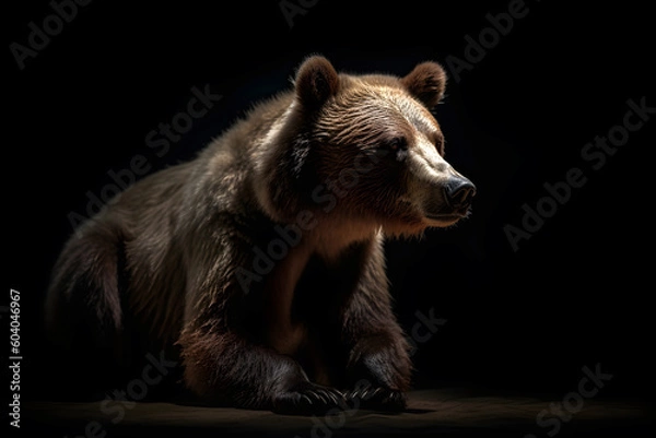 Fototapeta Close up of Brown bear in the dark black background with low light and high contrast. Generative AI