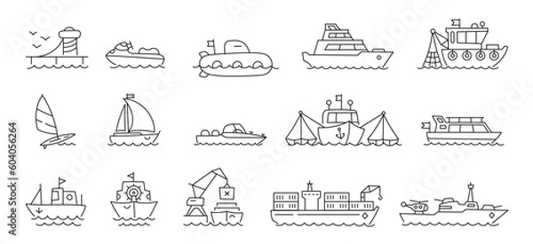 Fototapeta Ships icon set. Boats berth. Fishing boat. Editable outline. Vector line.
