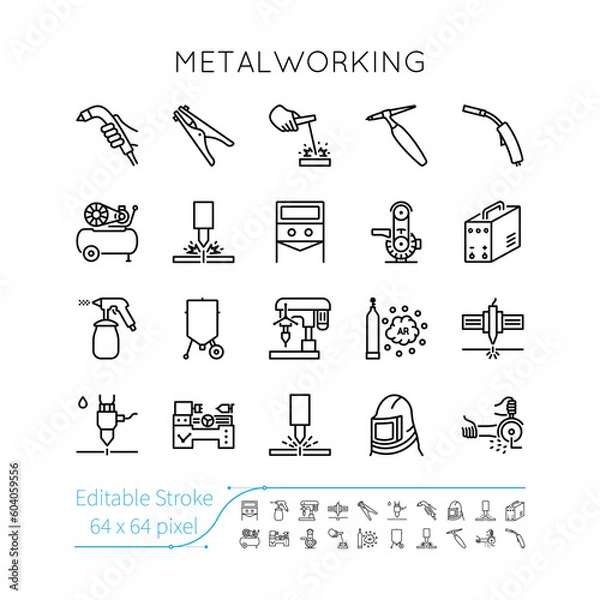 Obraz Metalworking Icon Set. Editable vector stroke. Welding, Sharpening, Grinding, Drilling, Cutting, Sandblasting, Grooving, Cleaning, Plasma, Laser, Grinder, Hydro, Compressor, Gas.