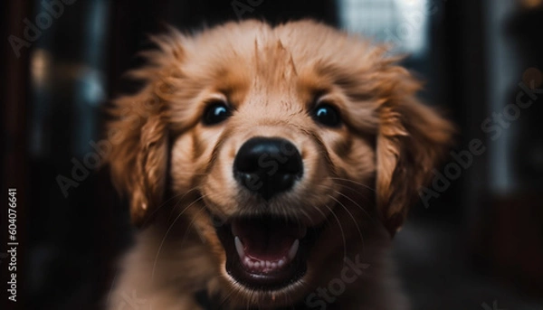 Fototapeta Cute puppy sitting, looking at camera indoors generated by AI