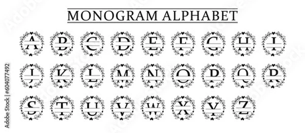 Fototapeta family Monogram letter A-Z, Set of Split alphabet for monogram. Monogram alphabet. Vector illustration for wedding invitation. Set of initial with decorative plant frame and text space 