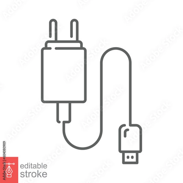 Fototapeta USB mobile phone charger icon. Simple outline style. Wire charger, energy, cellphone, technology concept. Thin line symbol. Vector illustration isolated on white background. Editable stroke EPS 10.