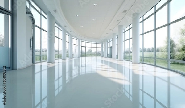 Fototapeta Modern perspective of an office corridor with panoramic windows, generative AI