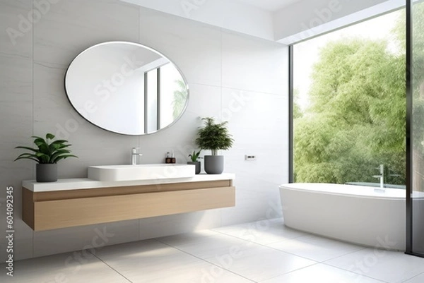 Fototapeta Minimalist bathroom with sleek lines, a floating vanity, and a large mirror, showcasing a modern and clean aesthetic - Generative AI