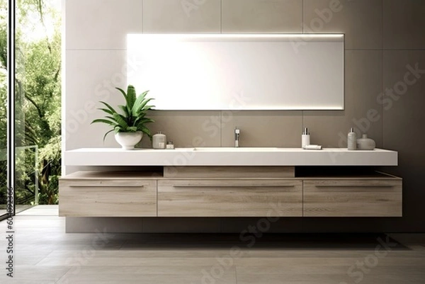 Fototapeta Minimalist bathroom with sleek lines, a floating vanity, and a large mirror, showcasing a modern and clean aesthetic - Generative AI