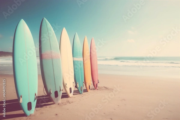 Fototapeta  Patel surfboards on tropical beach. Retro colors toned image. Generative AI.
