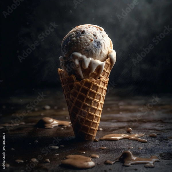 Fototapeta Crispy ice cream cone with creamy refreshing ice cream ball. Generative AI.