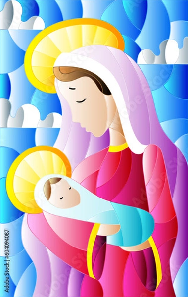 Fototapeta Illustration in stained glass style on biblical theme, Jesus baby with Mary , abstract figures on sky background with clouds, rectangular image