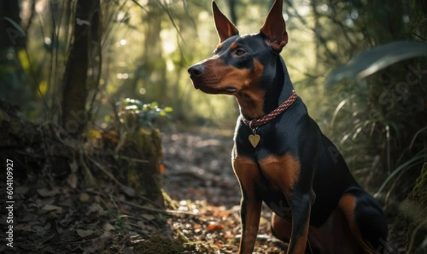 Fototapeta photo of Miniature Pinscher outdoors in a forest. Generative AI