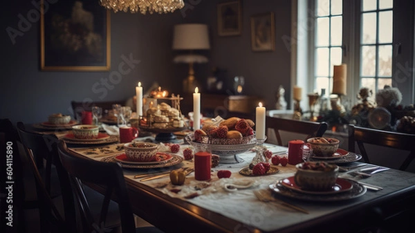 Fototapeta Beautiful table setting with Christmas decor indoors. Generative AI