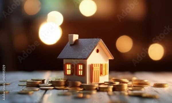 Fototapeta Small house and coins, property and finance concept, bokeh background. Generative AI