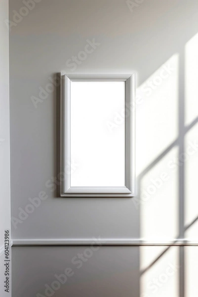 Fototapeta Generative AI illustration of Blank white wall with empty wooden frame,wide mockup