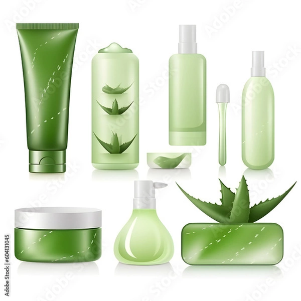 Fototapeta Generative AI, illustrations. Aloe Vera skin care product covered by succulent leaves in 3d illustration.