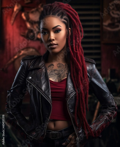 Obraz Beautiful African American woman in Leather Jacket, Biker look, Generative AI