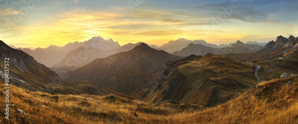 Fototapeta View of Giau Pass after the sunset in the Dolomites, the province of Belluno, Italy.
