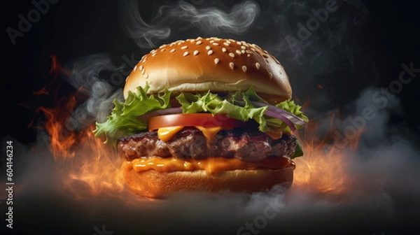 Fototapeta A hamburger with cheese, tomatoes and onions with a dark background and fire.