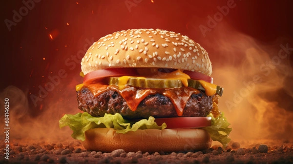 Fototapeta A delicious hamburger with a red background and smoke