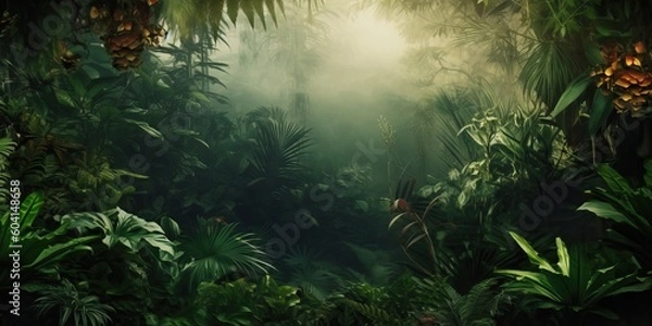Fototapeta Fresh exotic jungle background with lots of copy space, generative ai