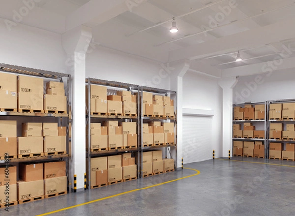 Fototapeta 3d rendered warehouse with many racks and boxes