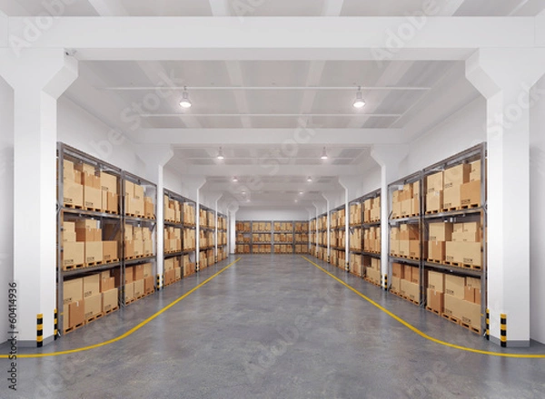 Fototapeta 3d rendered warehouse with many racks and boxes