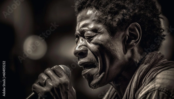 Fototapeta Smiling musician holding guitar, eyes closed in concentration generated by AI