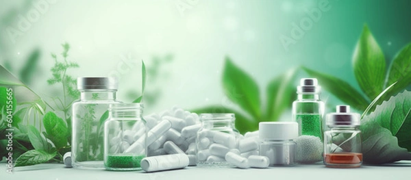 Fototapeta Medical banner Pile of various pills and containers on colored background pharmacology generative ai