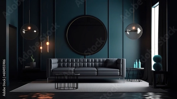 Fototapeta Modern dark interior with black picture frame, 3d render, Bright color. Generative Ai