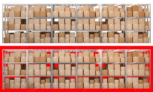 Fototapeta Metal racks with boxes isolated on white background
