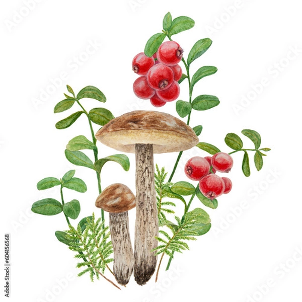 Fototapeta Wild mushrooms, red wild berries and moss watercolor hand drawn botanical realistic illustration. Forest boletus and cranberry isolated on white background.