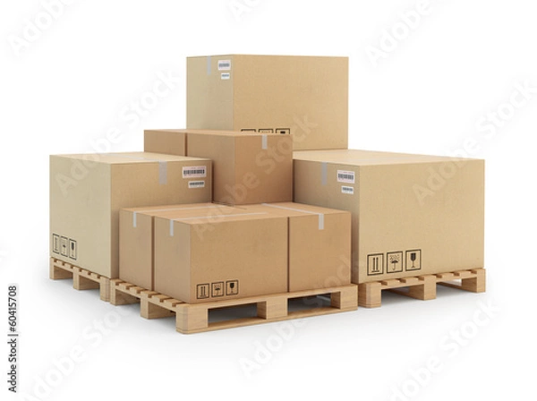 Fototapeta Cardboard boxes on a pallet. Isolated on white background.