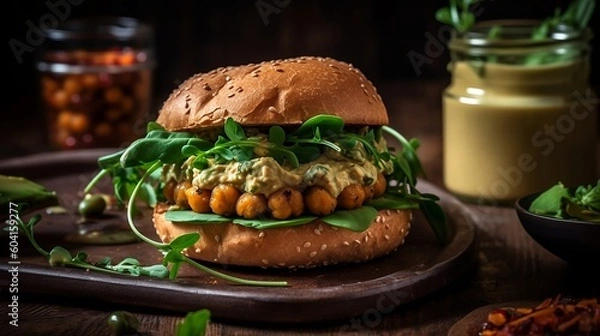 Fototapeta The concept of a plant-based diet is showcased in the vegan chickpea burgers topped with arugula, pickled cucumbers, and hummus. Generative AI