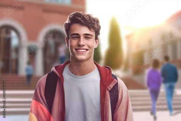 Fototapeta Illustration of diverse Ethnic teenagers students inside an univesity campus - Created with generative ai