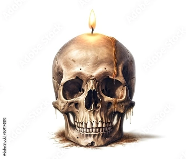 Fototapeta Realistic Illustration Skull of Witchcraft with Candle on Top Isolated on White Background