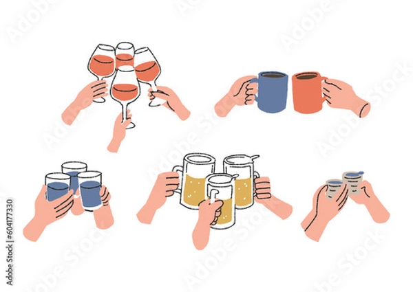 Obraz 乾杯をする人々の手のアイコン　コミカルな手書きの人物　ベクター、線画にカラー