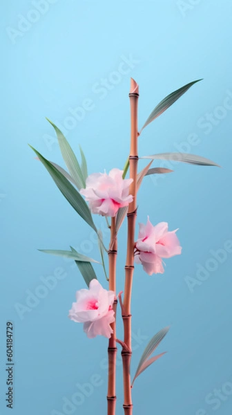 Fototapeta Light blue bamboo, light pink flowers, minimalist image. AI generative