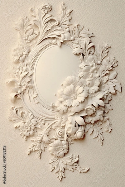 Fototapeta With copy space Old chipped paint background, light cream and gold ornate scrollwork. AI generative