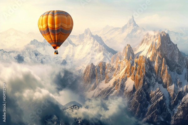 Fototapeta Air balloon over clouds and mountains. Generative AI.