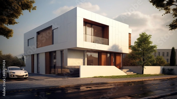 Obraz Luxurious small white family house with free lot space around it as a garden, small town or rural area, beautiful square house with a flat roof and large windows. Generative AI
