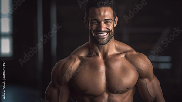 Fototapeta the perfect man, muscles, shirtless, smiling happy, Gigachad. Generative AI