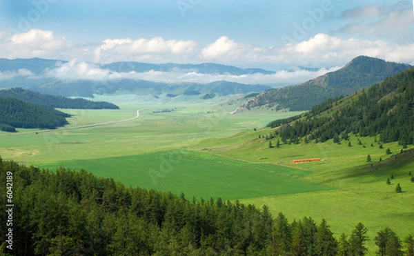 Fototapeta Spring cornfield amidst mountains