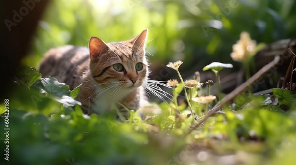 Fototapeta cute little cat hunting in the garden in the meadow in sunshine in summer or spring, closeup ground view